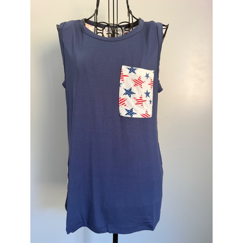 Michelle Mae Womens Star Print Patriotic Tank Top Navy Blue Red White Small NWT